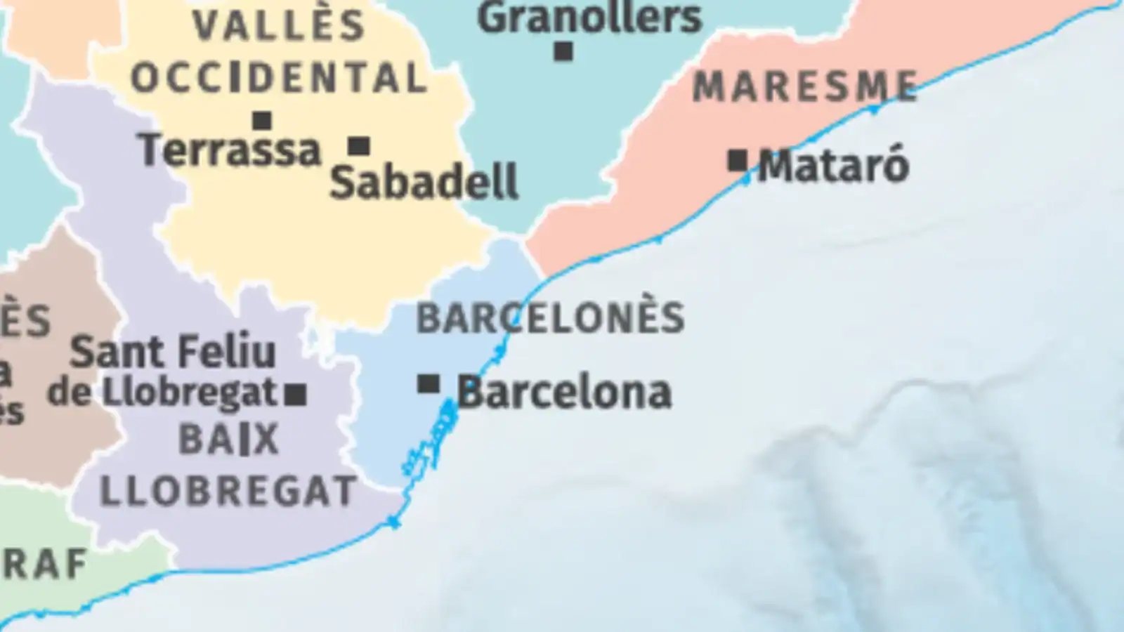 Mapa Barcelona ciudades alrededores Mapa de Barcelona y ciudades cercanas: Hospitalet, Badalona, Sabadell, Sant Boi, Mataró y Molins de Rei