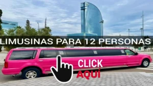 Amplia limusina negra para 12 pasajeros circulando por la ciudad, mostrando su interior iluminado con luces LED y asientos de cuero en forma de “U”.