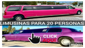 Gran limusina tipo party bus para 20 pasajeros, con exterior elegante, ventanas polarizadas y un interior con pantalla grande, pista pequeña y luces tipo discoteca.