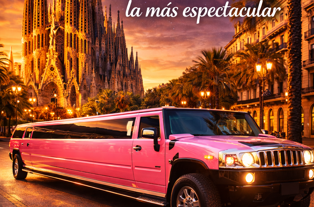 Limusina Hummer rosa para despedidas de soltera en Barcelona con el Hotel Vela de fondo, experiencia exclusiva y divertida.