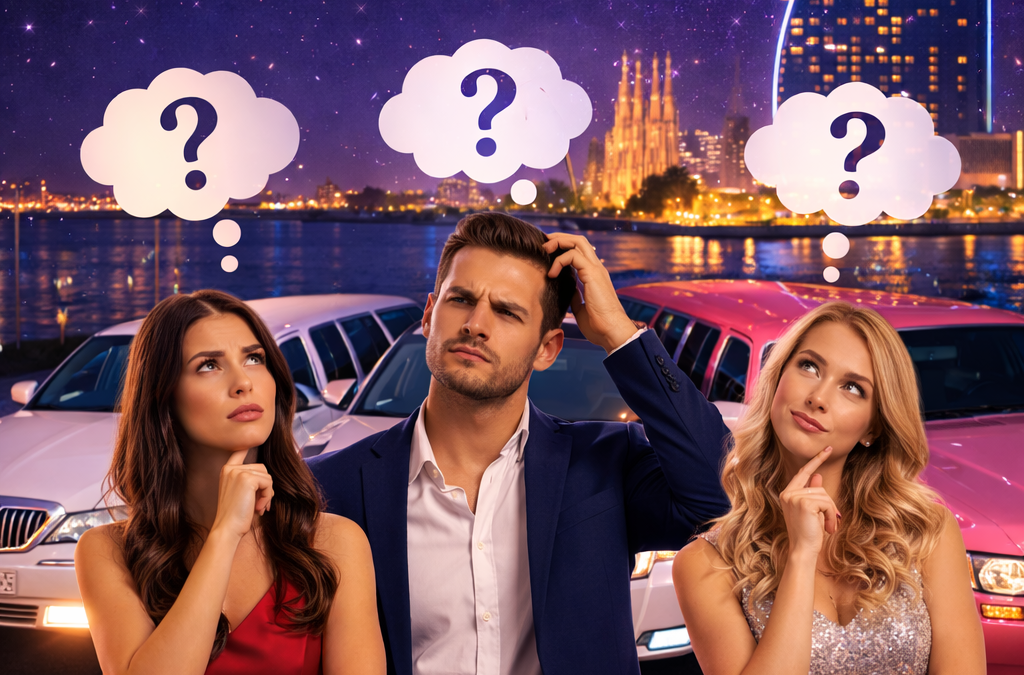 Personas eligiendo entre varias limusinas de alquiler en Barcelona, comparando opciones para contratar la mejor empresa de limusinas.