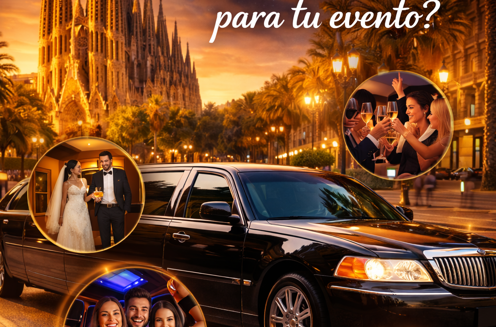 Limusina Lincoln negra en Barcelona con la Sagrada Familia de fondo y iconos de eventos como bodas, cumpleaños y despedidas.