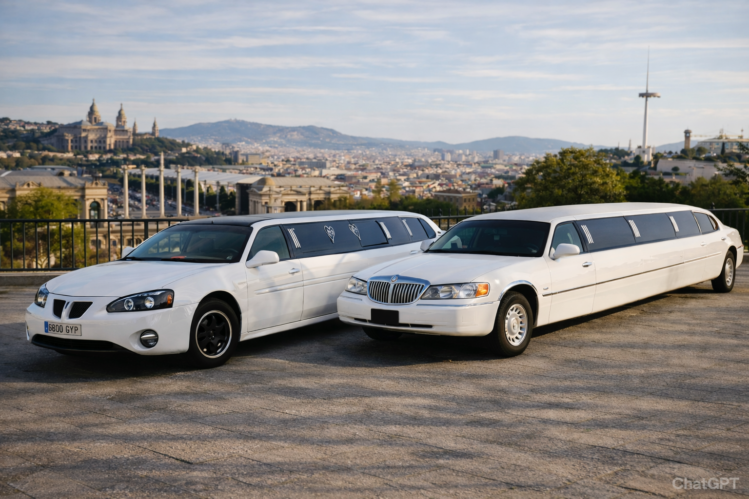 Limusina Pontiac blanca y limusina Lincoln americana blanca estacionadas juntas en el Mirador de Montjuïc con vistas panorámicas de Barcelona al fondo, fotografía realista en formato 1280x720.