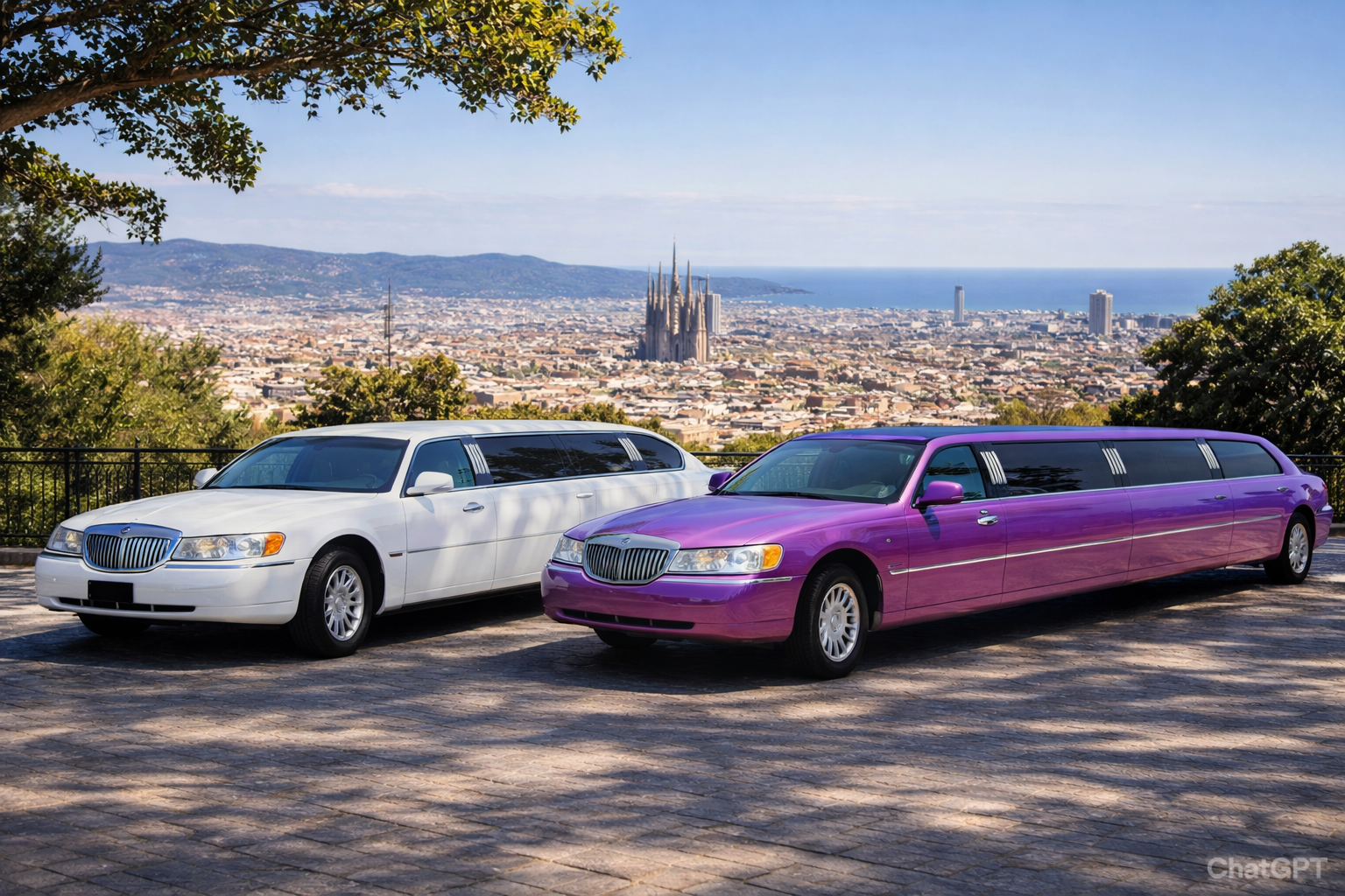 Dos limusinas Lincoln stretch, una blanca y otra lila, estacionadas juntas en un mirador con vistas panorámicas de Barcelona y la Sagrada Familia al fondo, en una fotografía realista de 1280x720