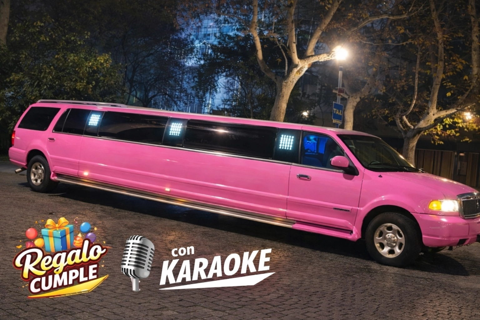 Limusina Hummer rosa de noche en el Mirador de Montjuïc Barcelona con decoración gratis de cumpleaños y karaoke a bordo