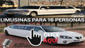 Imagen promocional con dos limusinas blancas alargadas. En la parte superior se ve una limusina con fondo urbano y el texto destacado “LIMUSINAS PARA 16 PERSONAS”. En la parte inferior aparece otra limusina sobre suelo rojizo, junto a un icono de mano señalando y el texto “CLICK AQUÍ”, además de un micrófono con la frase “con Karaoke