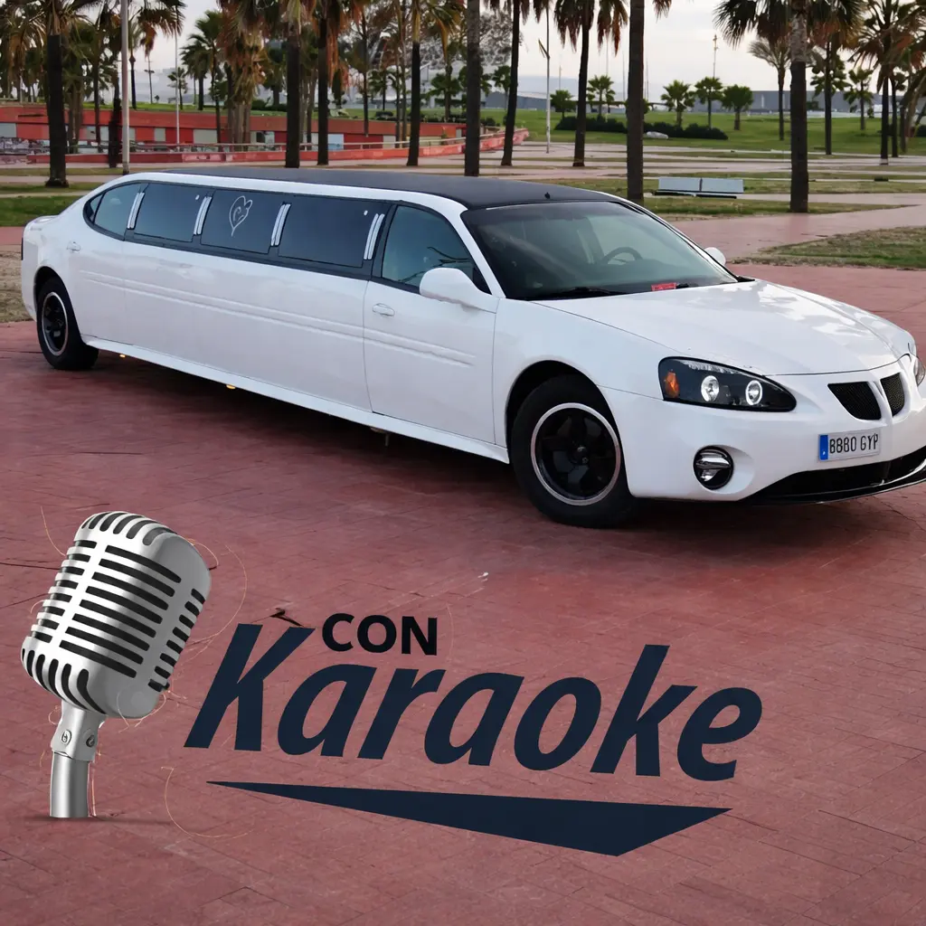 Limusina blanca alargada estacionada en un paseo con palmeras, con ventanas tintadas decoradas con un dibujo de corazón. En la esquina inferior izquierda aparece un micrófono vintage y el texto ‘CON Karaoke’ sobre el suelo rojizo