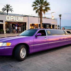 Elegante limusina Lincoln americana de color fucsia rosa brillante, con diseño alargado y aspecto lujoso.