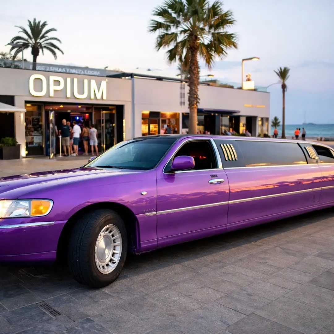 Elegante limusina Lincoln americana de color fucsia rosa brillante, con diseño alargado y aspecto lujoso.