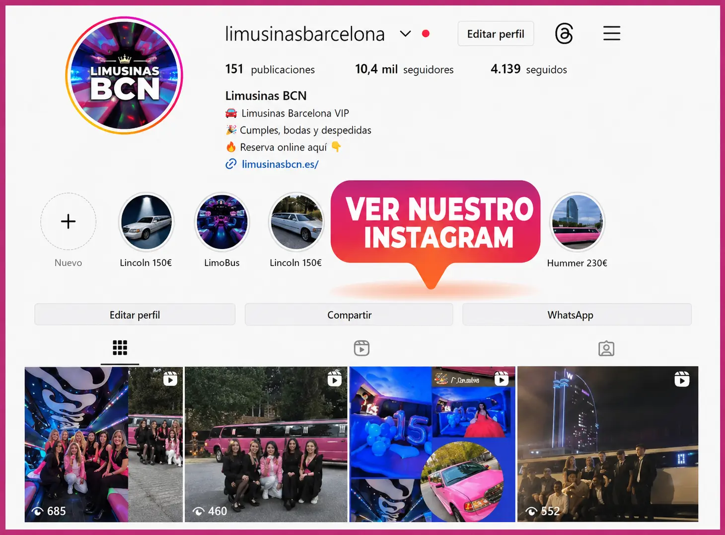 Instagram oficial de alquiler de limusinas en Barcelona para bodas, cumpleaños y despedidas