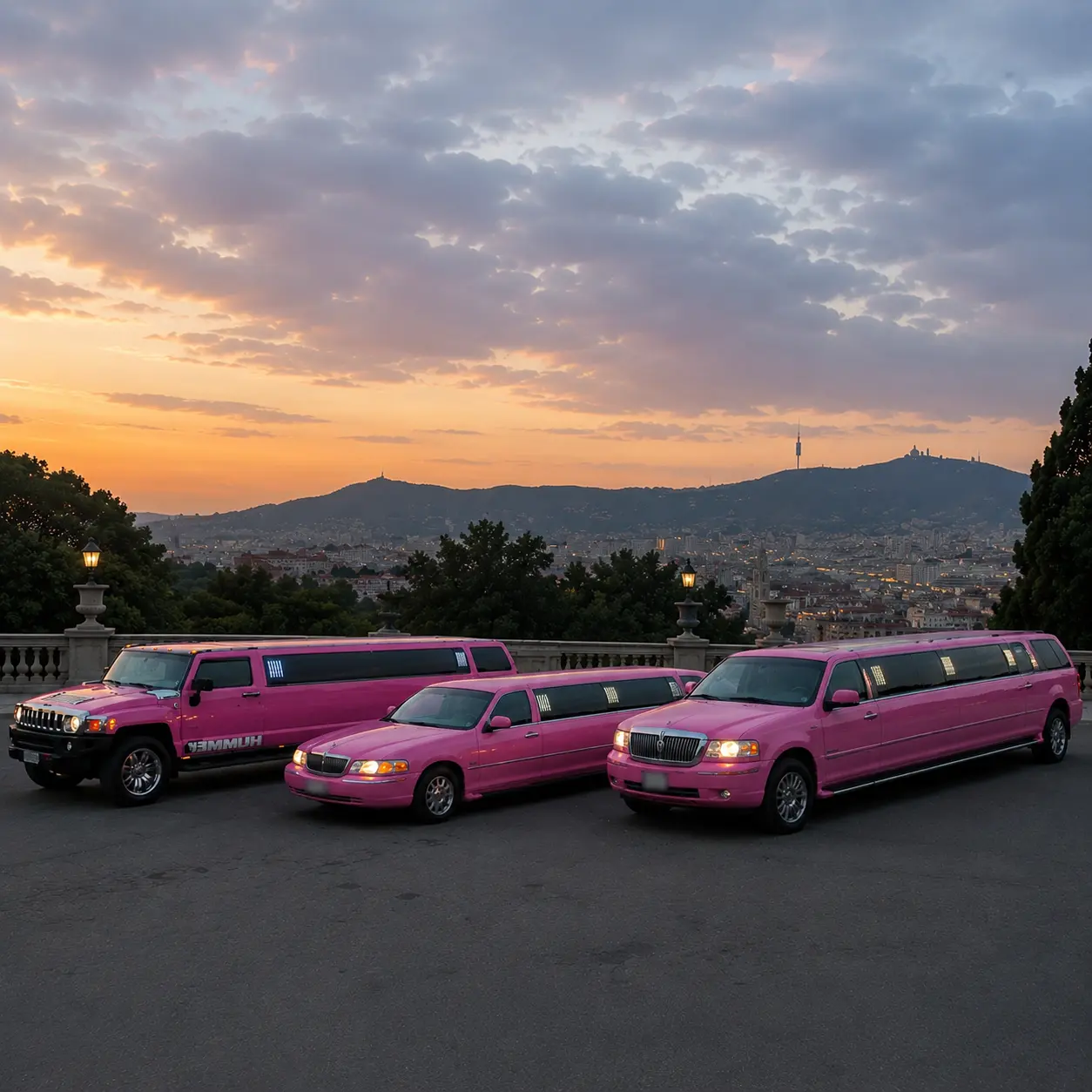 limusina-rosa-barcelona-modelos-montjuic Tres limusinas rosas de lujo en el mirador de Montjuïc en Barcelona: Hummer, Lincoln Town Car y Lincoln Navigator.