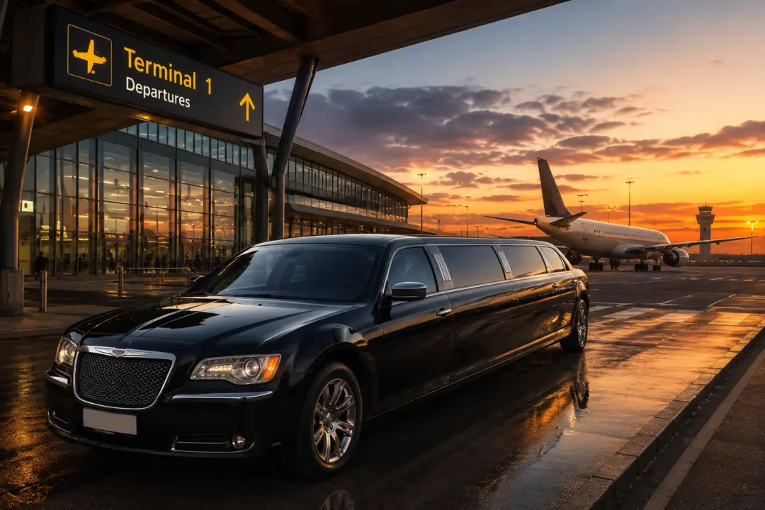 Limusina negra de lujo realizando traslado VIP en el aeropuerto de Barcelona.
