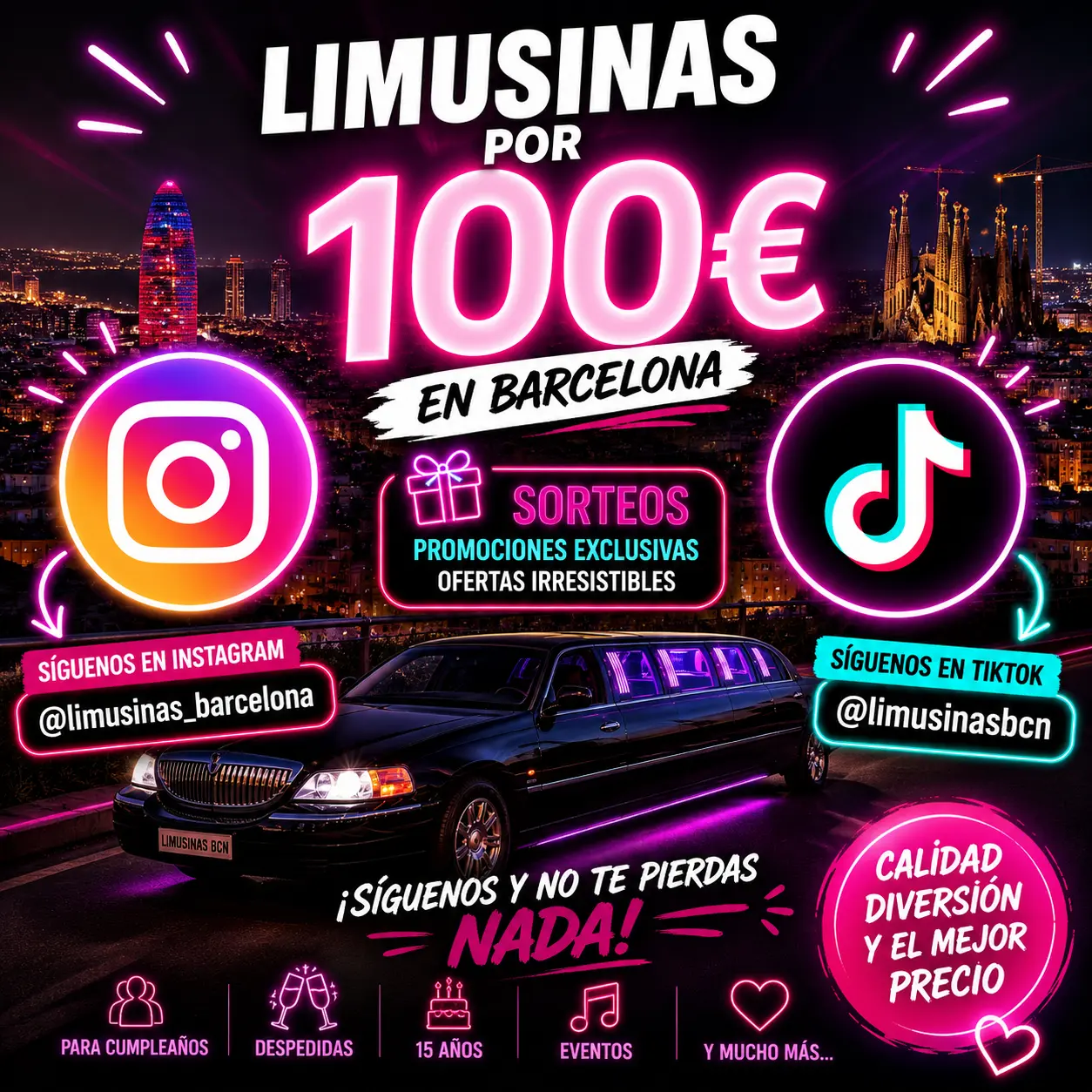Promociones de alquiler de limusinas por 100 euros en Barcelona. Instagram @limusinas_barcelona y TikTok @limusinasbcn con ofertas y sorteos exclusivos.
