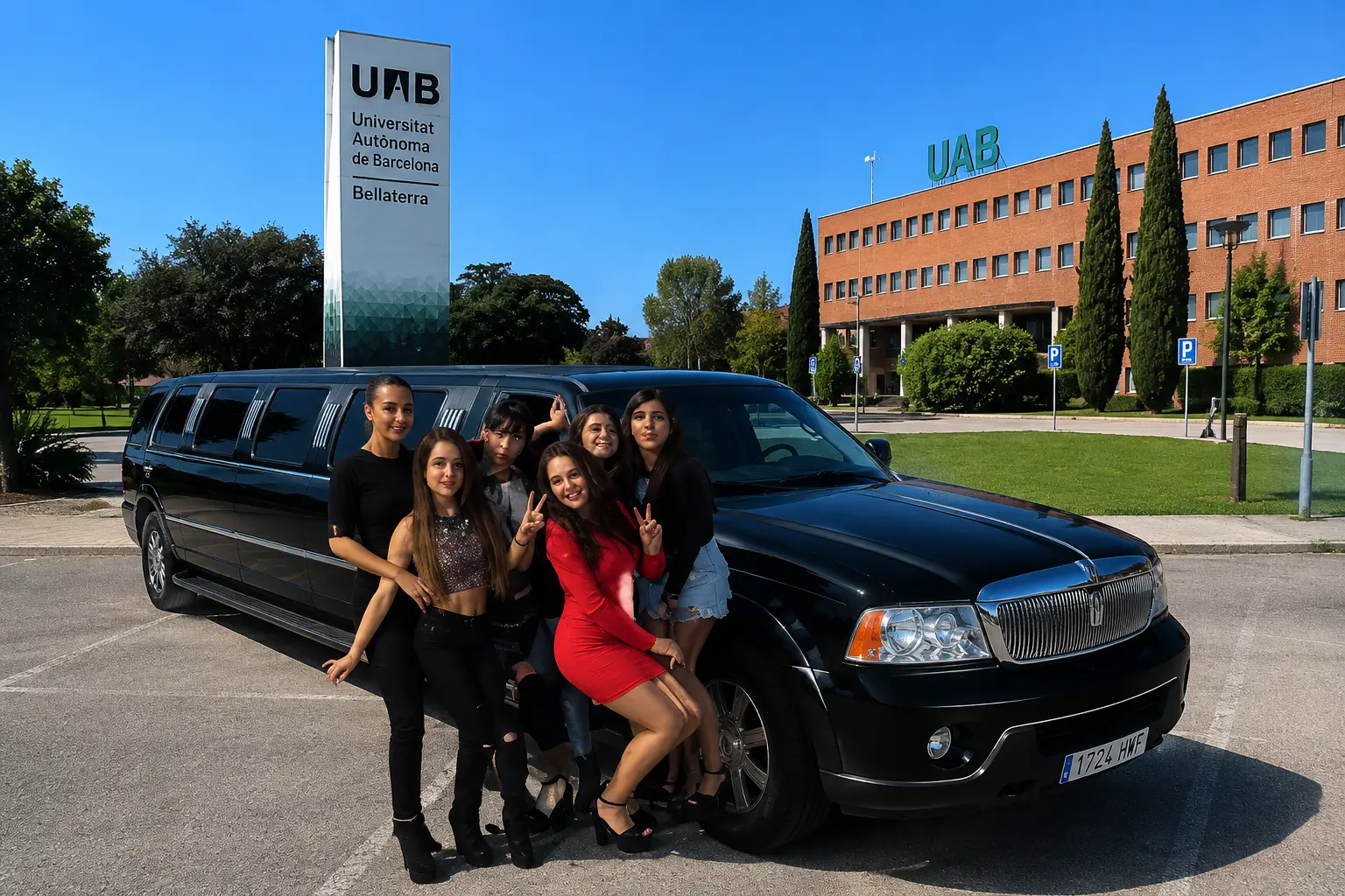 limusina graduación UAB Cerdanyola Grupo de graduados subiendo a una limusina en el campus de la UAB en Cerdanyola del Vallès