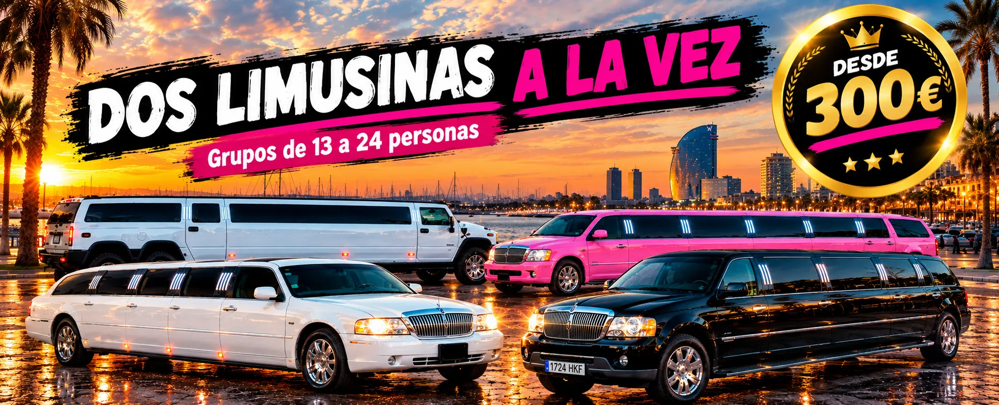 Dos limusinas a la vez en Barcelona para grupos de 13 a 24 personas, desde 300 €