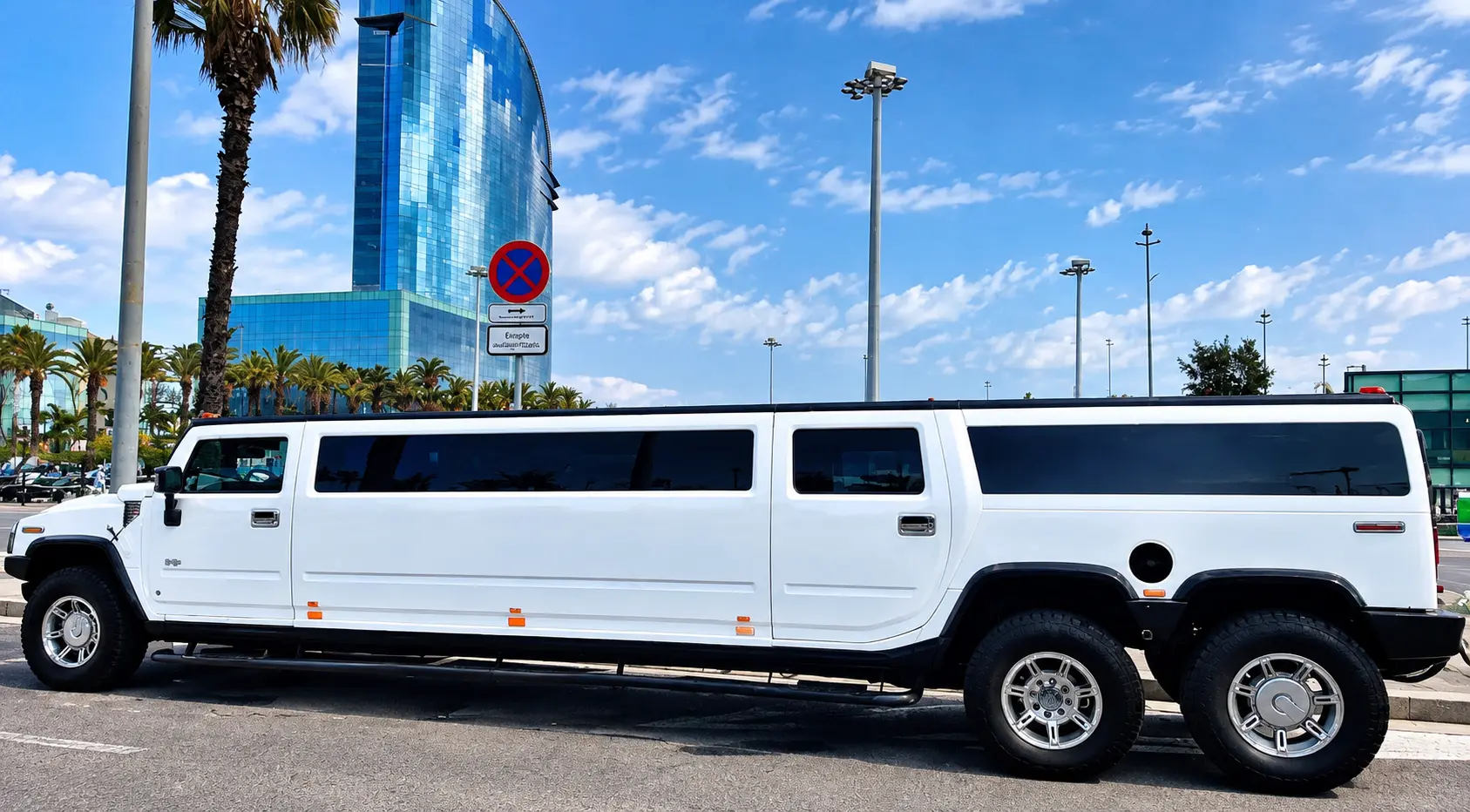 hummer-h2-blanca-limusina-barcelona Limusina blanca Hummer H2 estacionada frente al hotel W Barcelona, con su característica arquitectura moderna y el mar Mediterráneo como telón de fondo.