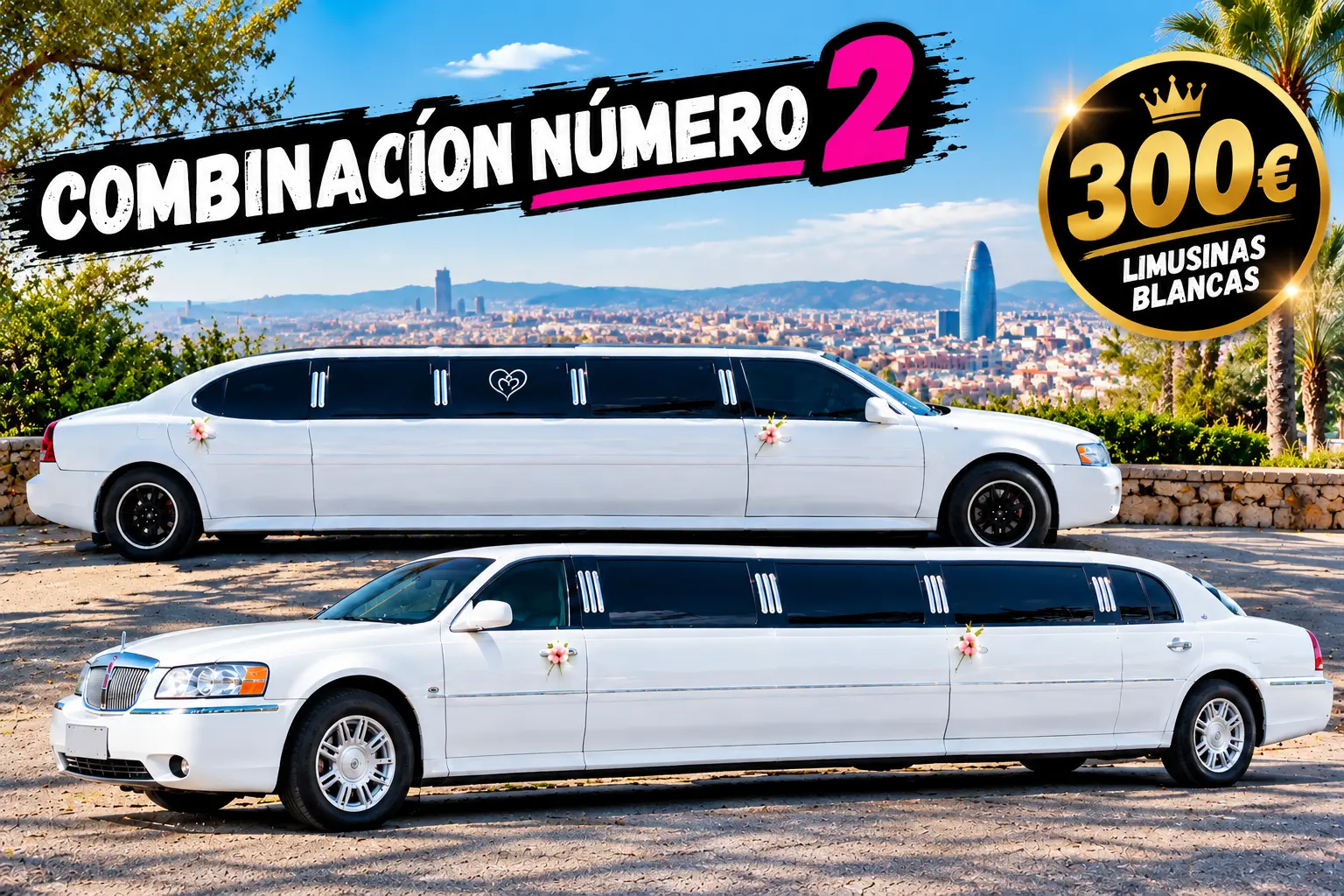 Dos limusinas blancas para 16 personas en Barcelona