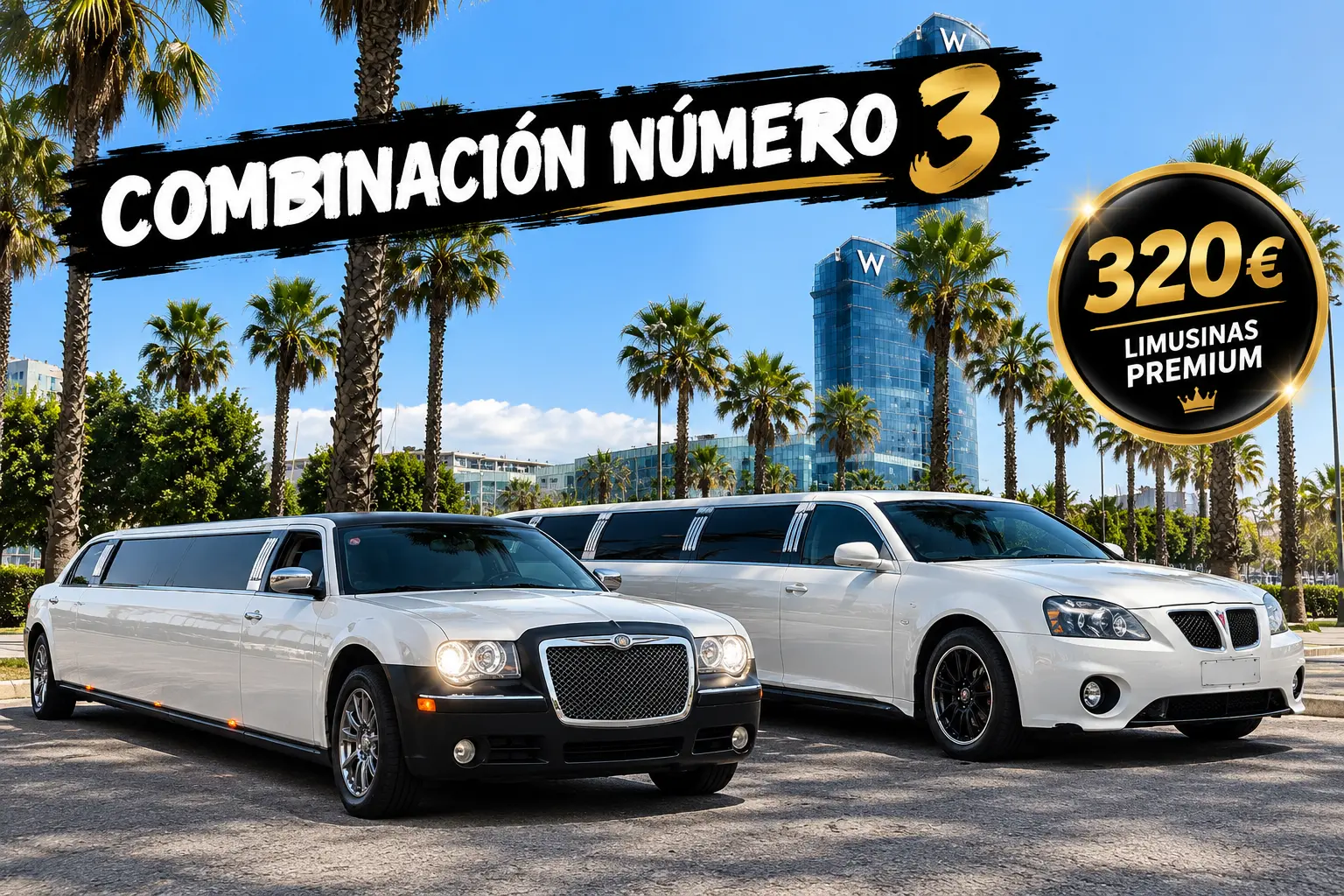 Dos limusinas blancas premium para 16 personas en Barcelona