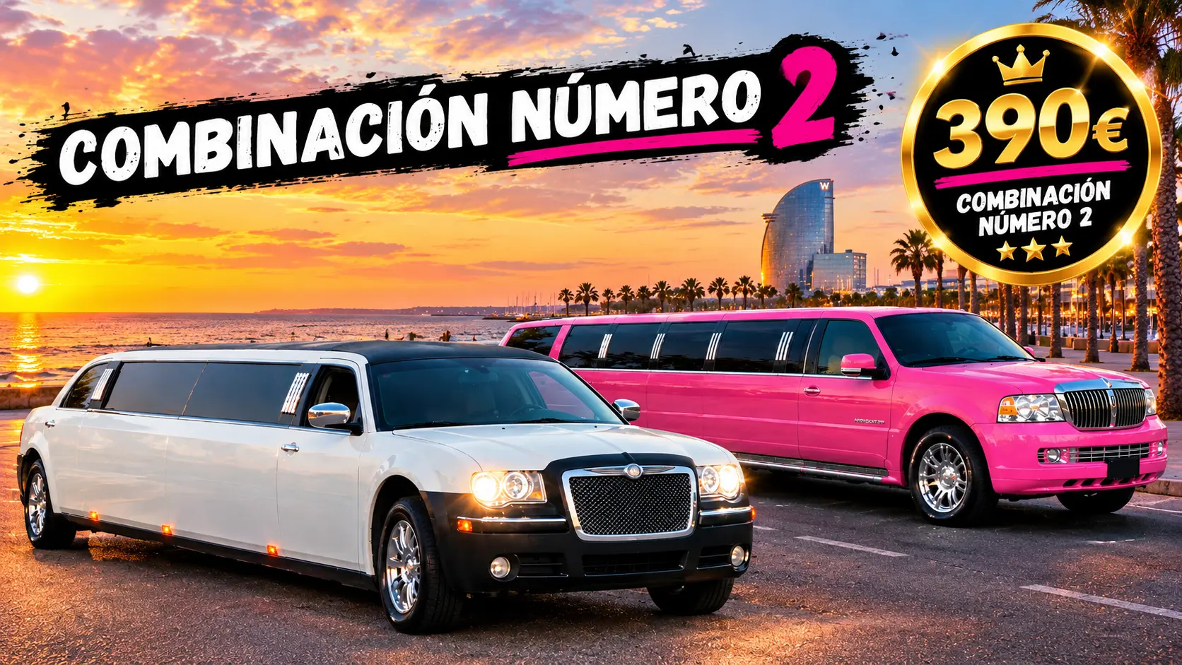 Limusinas blanca y rosa para 20 personas en Barcelona