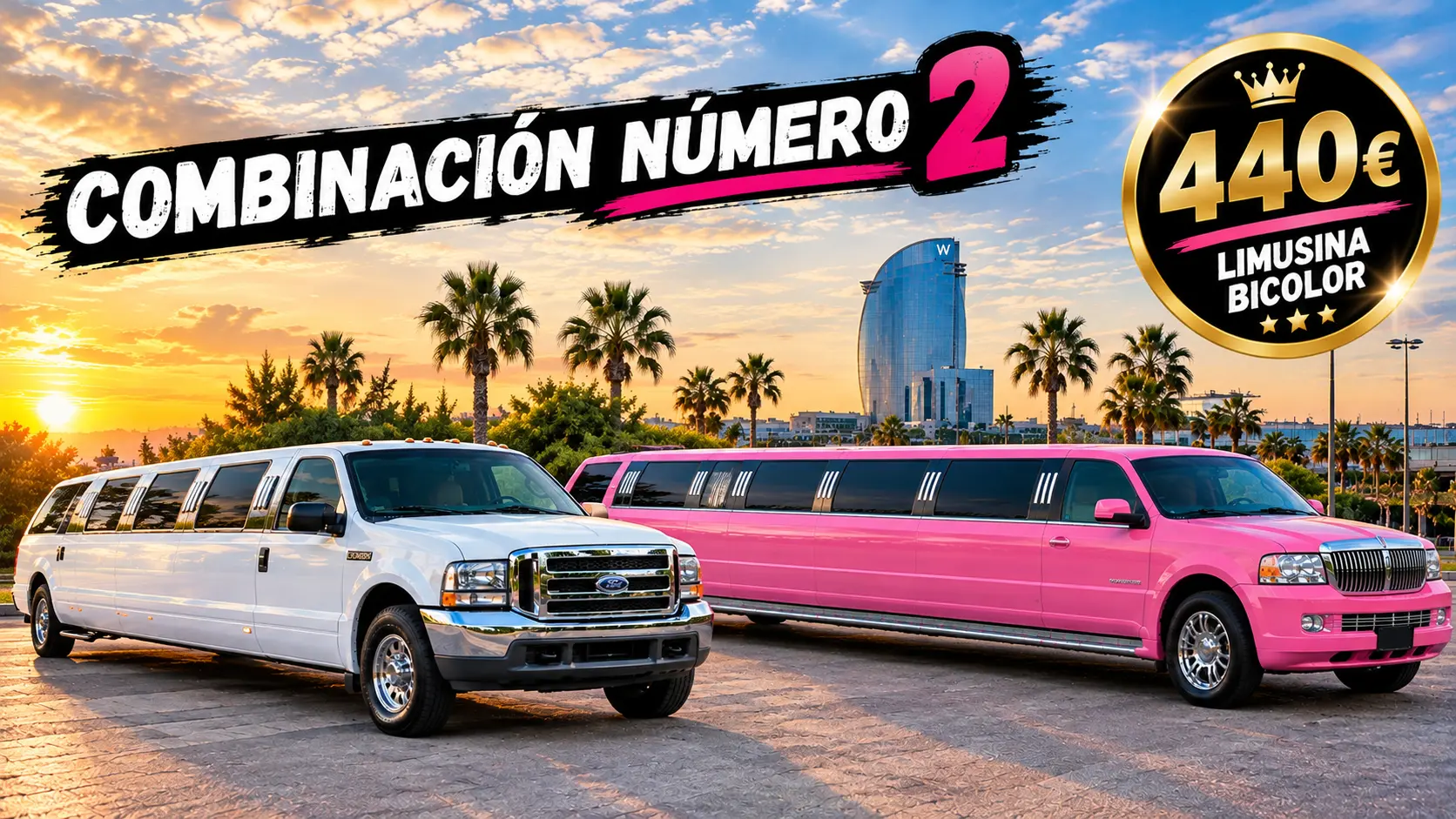 Limusina Ford blanca y rosa para 24 personas en Barcelona