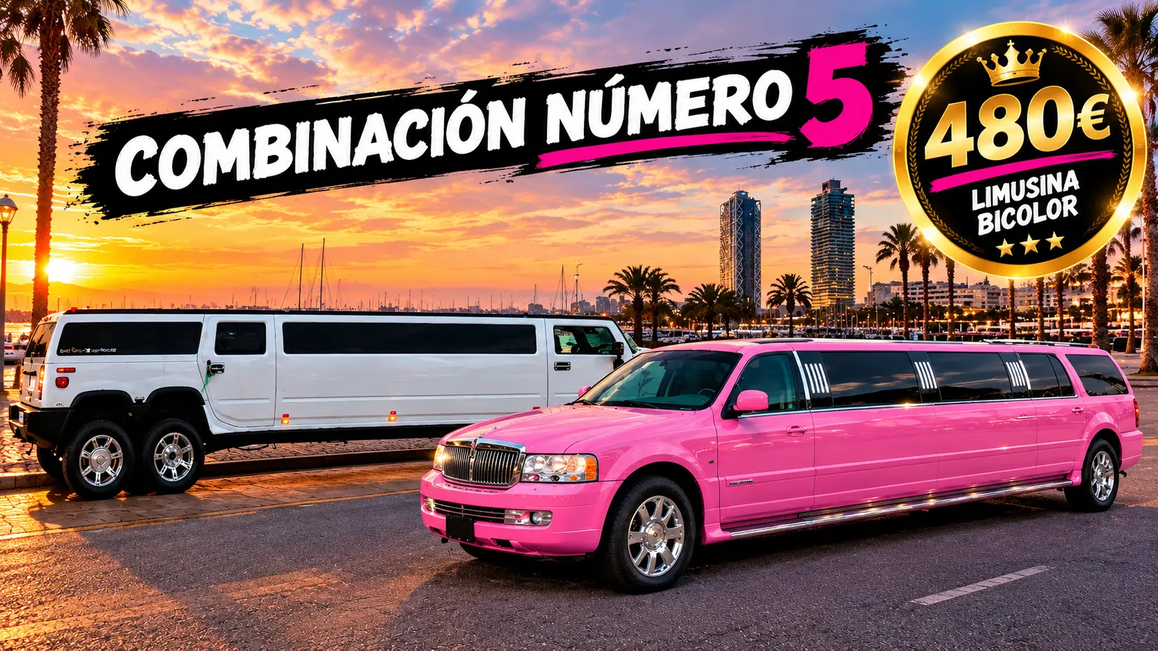 Hummer blanca y limusina rosa para 24 personas en Barcelona